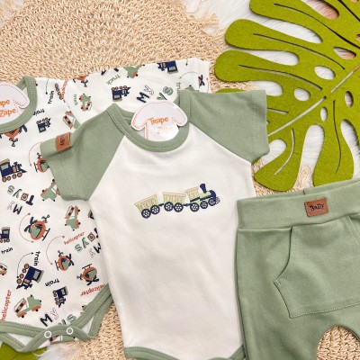 Conj. de Malha 3 peças - Trenzinho - Verde e Off White